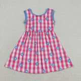 GSD4007 girls flower rose checkered bow sleeveless dress