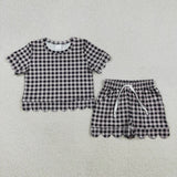 Matching Baby girls solid checkered short sleeve scalloped shorts outfits