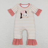 Matching Baby girls cow pink orange stripe romper outfits embroidery