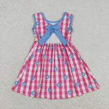 GSD4007 girls flower rose checkered bow sleeveless dress