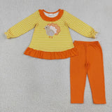 Matching Baby girls Thanksgiving turkey stripe long sleeves cloting embroidery