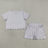 Matching Baby girls solid checkered short sleeve scalloped shorts outfits