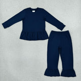 Matching  girls solid blue navy long sleeve ruffle clothing cotton