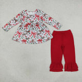GLP3541 baby girls Christmas tree bow long sleeves red pant outfits