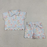 GSSO3575 girls flower blue bow zipper scalloped shorts outfits
