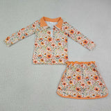 GLD1606 Girls orange flower leaf zipper long sleeve skirt  Outfits