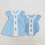 Matching Baby girls Easter bunny blue dress romper clothing embroidery