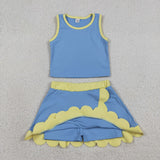 GSD4022 baby girls blue yellow sleeveless scalloped skirt Outfits yoga