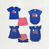 Matching  Baby boys girls baseball red blue checkered romper outfits embroidery