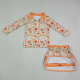 GLD1606 Girls orange flower leaf zipper long sleeve skirt  Outfits