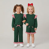 Matching Baby girls solid long sleeve ruffle outfits cotton
