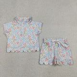 GSSO3575 girls flower blue bow zipper scalloped shorts outfits