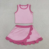 GSD4019 baby girls pink rose sleeveless scalloped skirt Outfits yoga