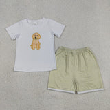 Matching  Baby boys puppy green stripe romper outfits embroidery
