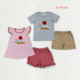 Matching Baby girls boys back to school apple checkered shorts outfits embroidery