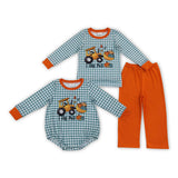 Matching boys tractor pumpkin plaid long sleeve clothing embroidery