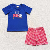 Matching  Baby boys girls baseball red blue checkered romper outfits embroidery