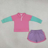 GLS0193 girls matches zipper long sleeve shorts outfits
