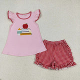 Matching Baby girls boys back to school apple checkered shorts outfits embroidery