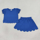 GSD3937 Girls solid blue puff sleeve scalloped skirt outfits cotton