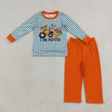 Matching boys tractor pumpkin plaid long sleeve clothing embroidery