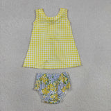 GBO0504  Baby girls yellow checkered flower bow bummies set