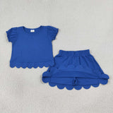 GSD3937 Girls solid blue puff sleeve scalloped skirt outfits cotton