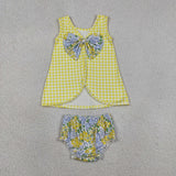 GBO0504  Baby girls yellow checkered flower bow bummies set