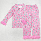 Matching best selling --Christmas candy pink adult and kids furry pajamas