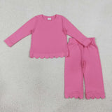 Matching Baby girls solid long sleeves scalloped outfits cotton