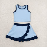 GSD4082 baby girls solid blue sleeveless scalloped skirt Outfits yoga