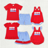 Matching  Baby boys girls baseball red blue checkered romper summer outfits embroidery