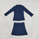 GLD1705 Girls solid navy long sleeves zipper top skirt Outfits yoga