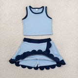 GSD4082 baby girls solid blue sleeveless scalloped skirt Outfits yoga