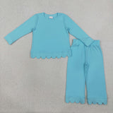 Matching Baby girls solid long sleeves scalloped outfits cotton