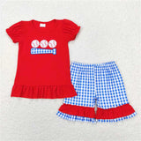 Matching  Baby boys girls baseball red blue checkered romper summer outfits embroidery