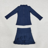 GLD1705 Girls solid navy long sleeves zipper top skirt Outfits yoga