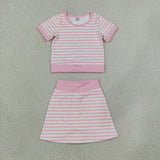 GSD4159 girls pink stripe short sleeve skirt outfits yoga
