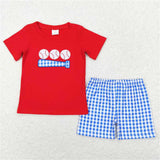 Matching  Baby boys girls baseball red blue checkered romper summer outfits embroidery