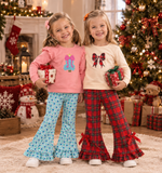 Matching girls Christmas bow long sleeves plaid pants outfits embroidery