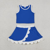 GSD4023 baby girls blue sleeveless white scalloped skirt Outfits yoga