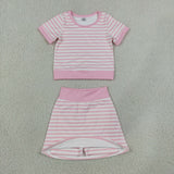 GSD4159 girls pink stripe short sleeve skirt outfits yoga