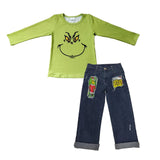 BLP0225-- Christmas cartoon green top +  jeans outfits