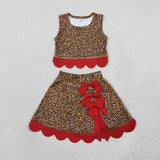 GSD4234 girls leopard red bow sleeveless scalloped skirt outfits yoga