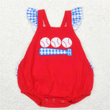 Matching  Baby boys girls baseball red blue checkered romper summer outfits embroidery