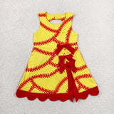GSD3834 girl softball red yellow bow sleeveless scalloped dress yoga