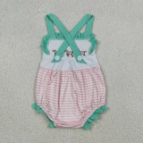 SR3558 baby girls puppy  green pink stripe romper