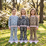 Matching Baby girls camo long sleeve ruffle bell pant mock neck outfits