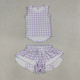 GSSO3477 girls purple checkered sleeveless shorts outfits yoga