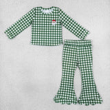 GLP3589 baby girls Christmas Santa green plaid long sleeves pant scalloped outfits embroidery